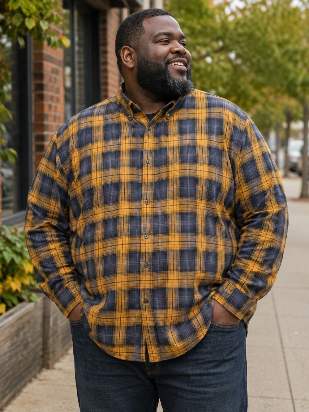 Yellow Navy Plaid Button Up Shirt Mens 3XL Cotton Foundry Supply Co